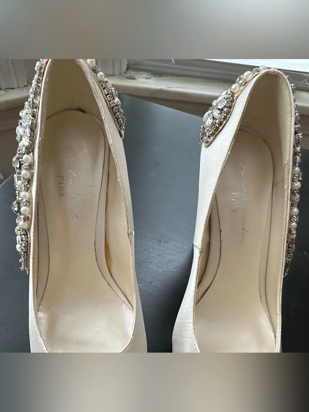 Paradox London Pink Satin Ivory Peep-Toe Platform Heels with Crystal Trim